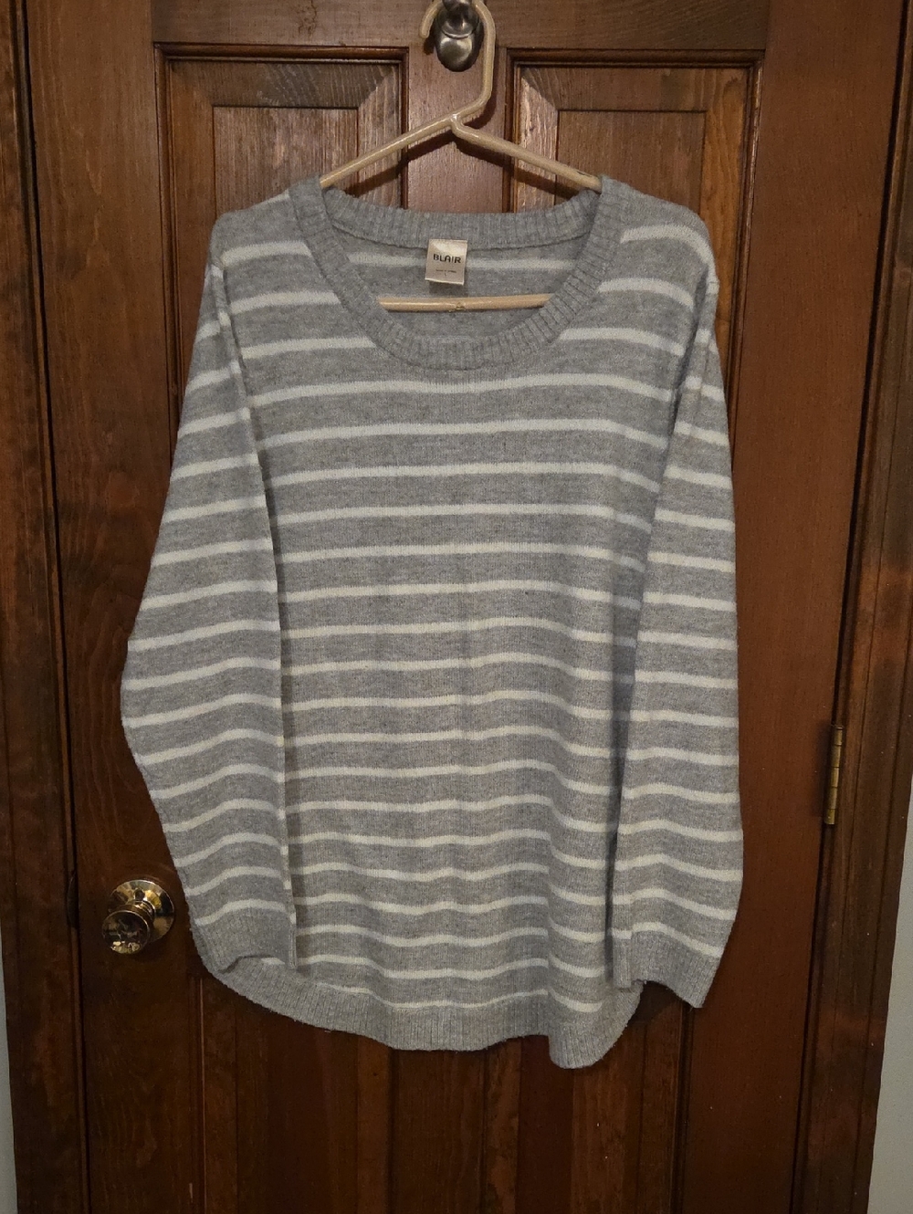Blair Gray and White Striped Crewneck Sweater